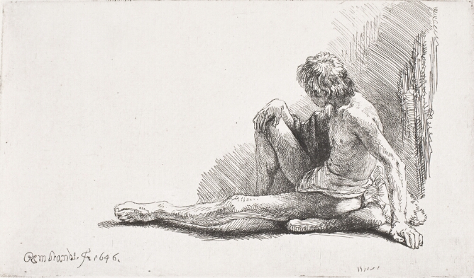 A black and white print of a sitting nude man facing away from the viewer with one leg extended, the other bent, supported by his left hand behind him