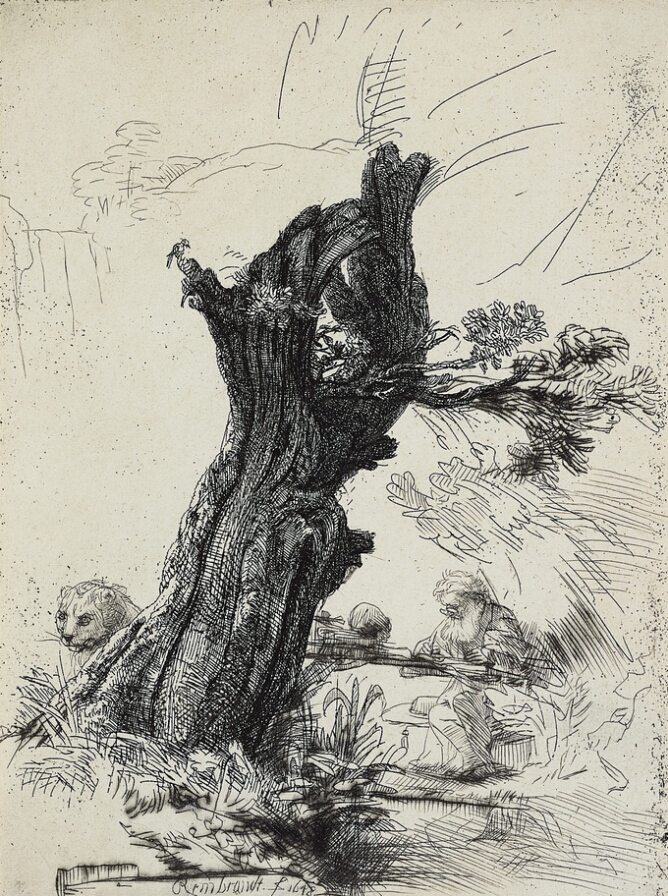 A black and white print of a man sitting at a desk by a gnarled tree. A lion's head peers out from behind the tree to the viewer's left
