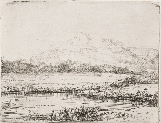 A black and white landscape of a canal with two swans and tiny figures fishing with a meadow behind, and a town and mountain in the distance