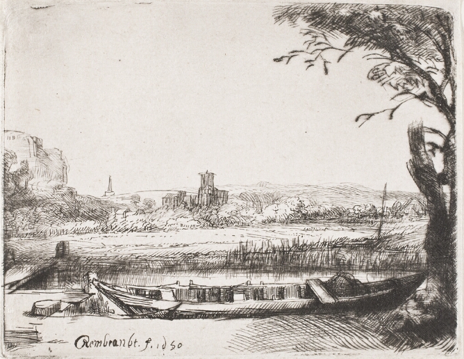 A black and white print of a boat next to a tree to the viewer's right, tied to a dock with a bridge. In the distance, a town behind an open field