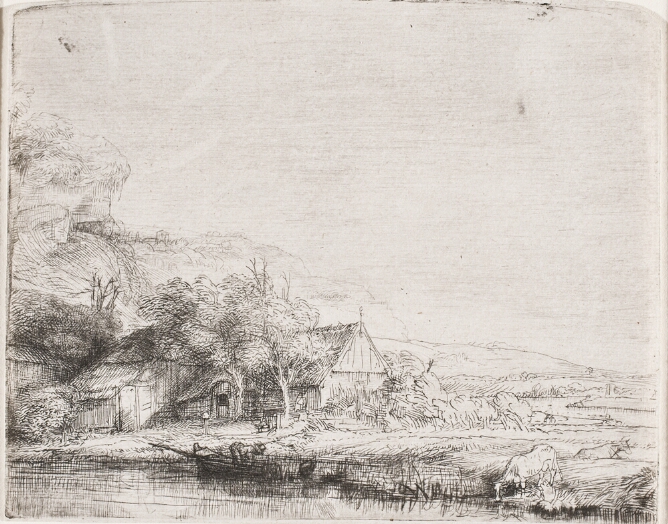 A black and white print of a cottage in a landscape by a river where a cow drinks and a tiny figure bends over in a boat