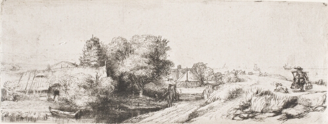 A black and white print of a man with a dog carrying a bar on his back with two pails hanging from it. Farm buildings, a canal and a boat are to the viewer's left
