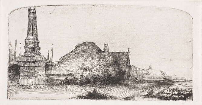 A black and white print of an obelisk next to a cottage to the viewer's left. Farm buildings appear in the distance