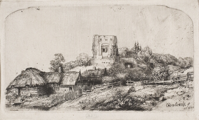 A black and white print of a square tower with cottages on a slope and a fence running along the structures across the landscape