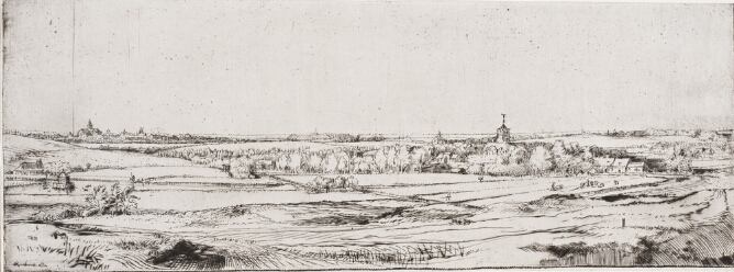 A black and white print of a flat landscape with a tower in the distance