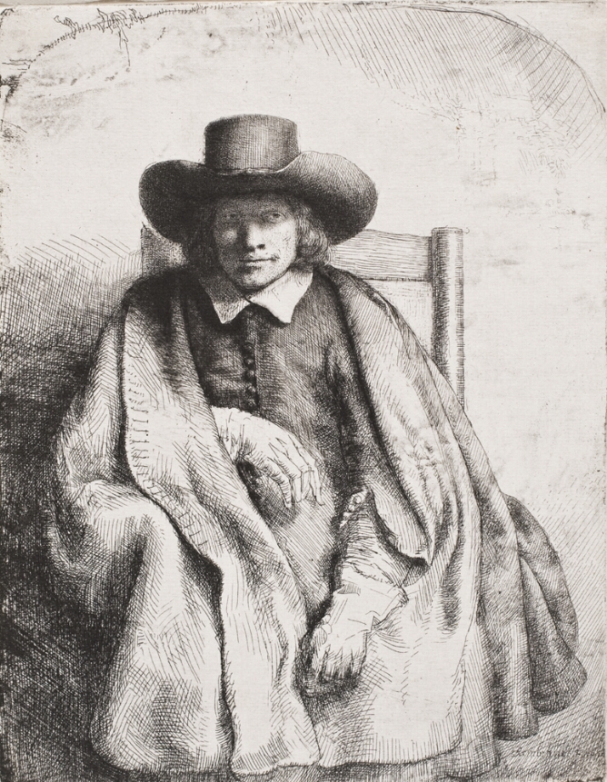 A black and white portrait of a man wearing a broad-brimmed hat, cloak and gloves, shown from the knees up, sitting in a chair