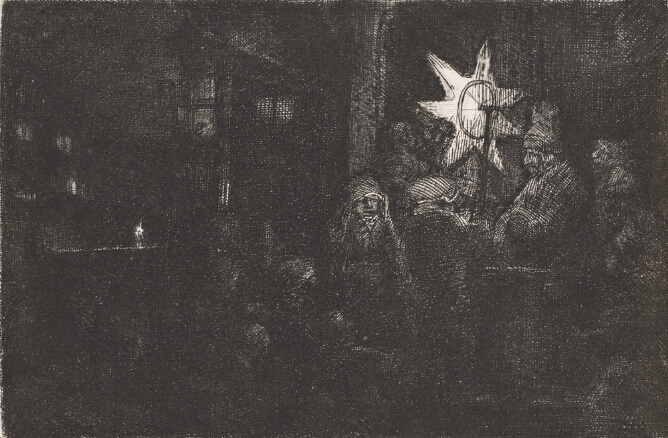 A black and white print of a group of figures gathered in the darkness of night, with one figure holding up an illuminated star attached to a stick