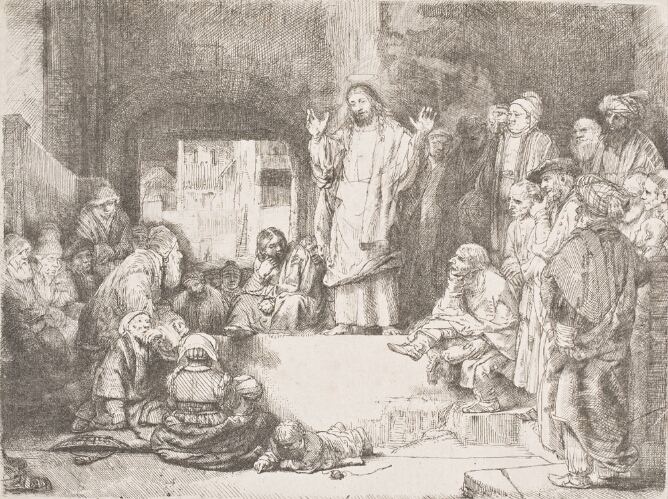 A black and white print of a man standing on a platform surrounded by figures. In the foreground, a child lies on the floor, tracing something on the ground