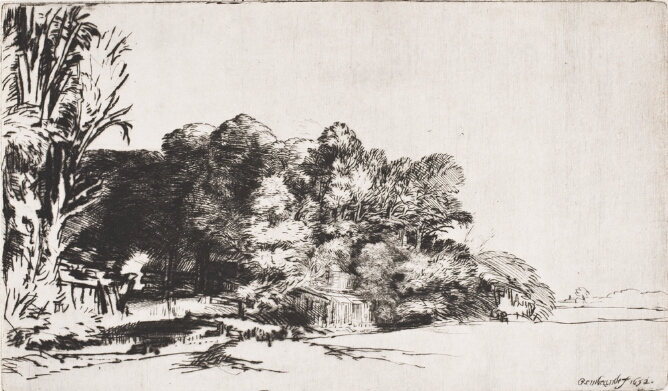 A black and white print of a farmhouse engulfed by trees