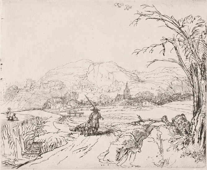 A black and white print of a man walking down a road towards the viewer, accompanied by dogs, with a village and mountain in the distance