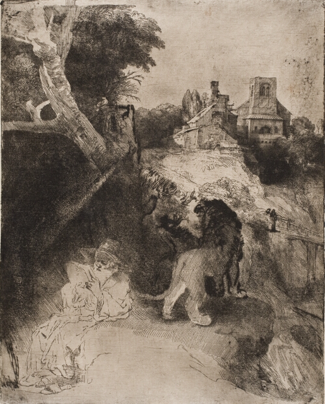 A black and white print of a man sitting by a tree reading. Behind him, a lion looks out towards a bridge and buildings in the background