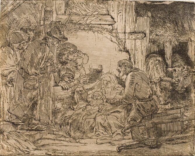 A black and white print of a baby lying beside a woman and a standing man, with an oil lamp behind them. A group gathers to the viewer's left as cows graze to the viewer's right