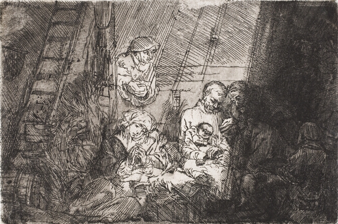 A black and white print of a man sitting with a baby as another man bends over towards the baby. Beside them, a woman sits with hands in prayer as figures witness in shadow