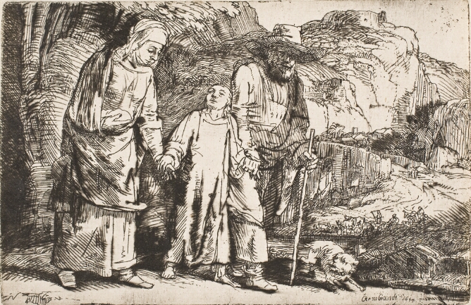 A black and white print of a boy walking hand in hand between a woman and a man with a walking stick, accompanied by a dog, in a rocky landscape