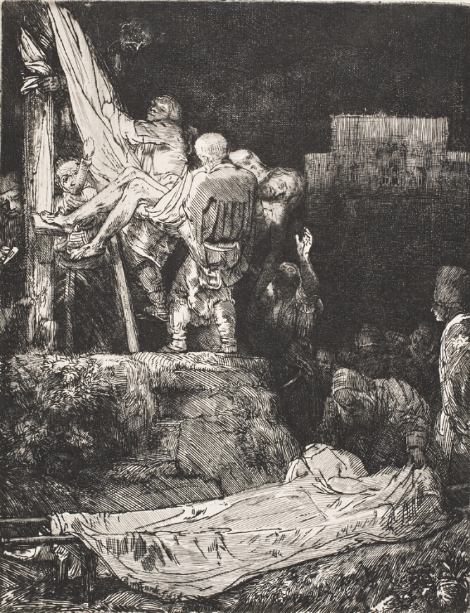 A black and white print of a man's lifeless body being lowered from a cross by figures. A man in the foreground covers a stretcher in cloth