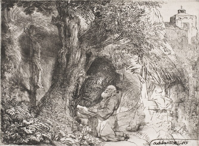 A black and white print of an elderly man kneeling beneath a tree with an open book between a shadowy figure on a cross and a robed figure facing away, with a church tower in the distance