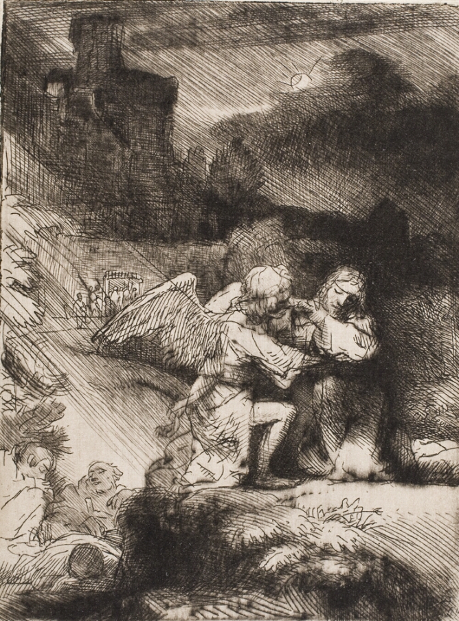 A black and white print of a kneeling man with eyes closed being held up by an angel. Three figures sleep to the viewer's left as a group of figures approach from a gateway in the distance