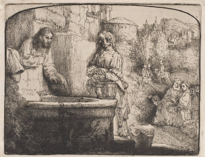 A black and white print of a man standing behind a well in front of a woman standing with her hands resting on a bucket on the edge of the well, with onlookers and a village in the background