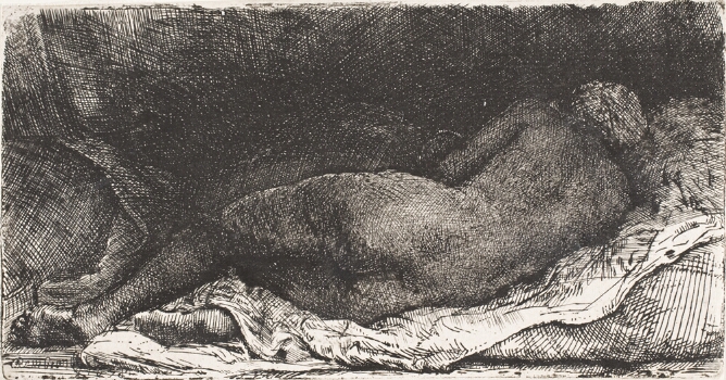 A black and white print of a nude woman seen from behind in shadow lying on a sheet over a cushion