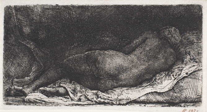A black and white print of a nude woman seen from behind in shadow lying on a sheet over a cushion