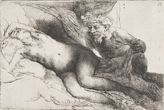 A black and white print of a horned figure lifting a sheet to gaze at a reclining nude woman whose eyes are closed