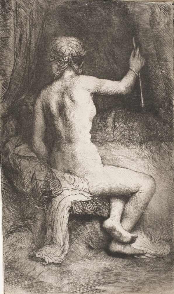 A black and white print of a nude woman seen from the back sitting with legs crossed and holding an arrow. In the background, a faintly visible face in darkness