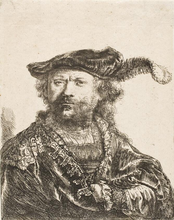 A black and white portrait of a man with curly hair and beard shown from the chest up wearing a plumed cap. His left is hand tucked into the side of his cloak
