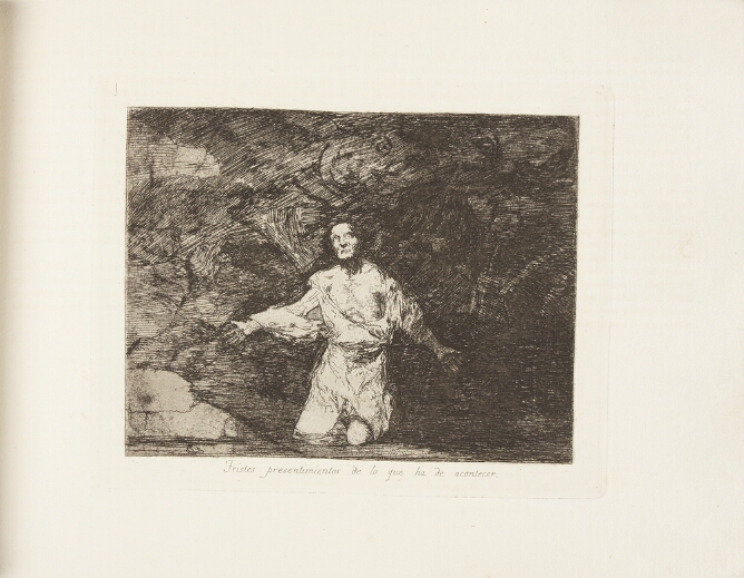 A black and white print of a man on his knees with his arms outstretched, looking upward and surrounded by darkness