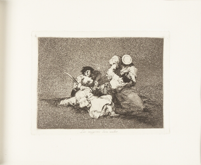 A black and white print of two women fighting two soldiers