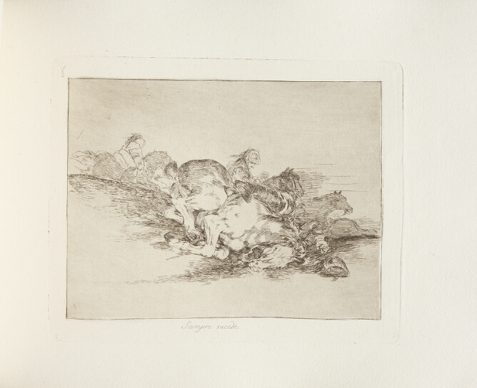 A black and white print of a horse and rider falling down a hill, with other figures on horseback in the background