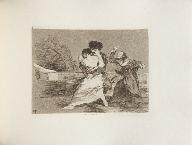 A black and white print of a standing woman struggling against a man's embrace, while another woman stands behind him wielding a knife