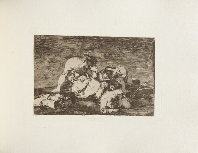A black and white print of a cluster of figures in a tumble on the ground