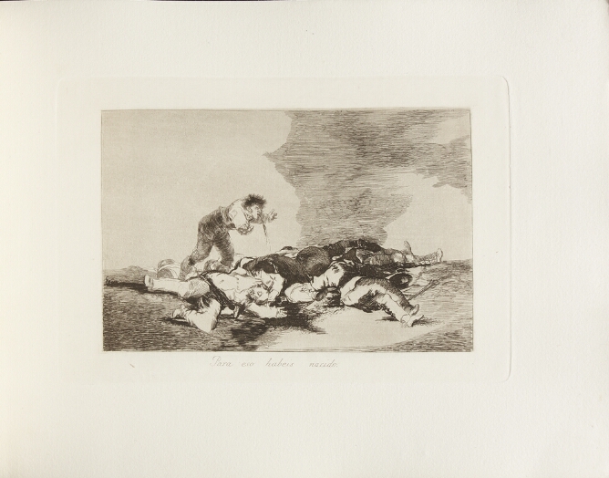 A black and white print of a standing man vomiting over lifeless bodies on the ground
