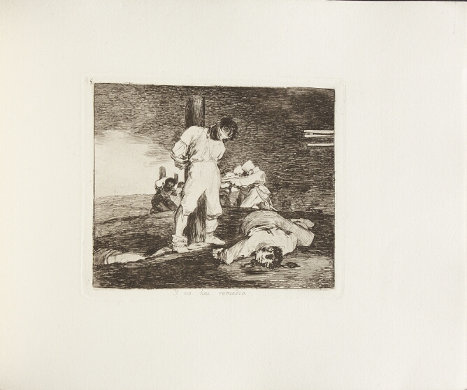 A black and white print of a standing man, blindfolded and tied to a post with a lifeless body on the ground beside him. In the background, soldiers aim their rifles towards other figures tied to posts
