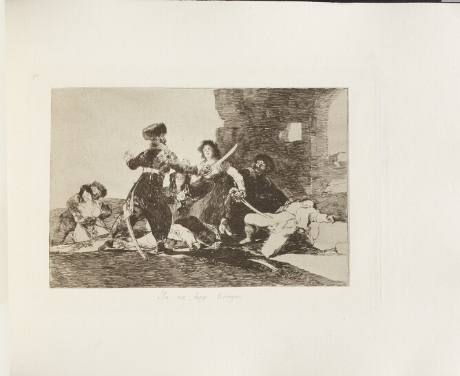 A black and white print of a soldier with a sword approaching a standing and sitting woman, while lifeless figures lie beside them. Nearby, a woman is being held against her will by another soldier