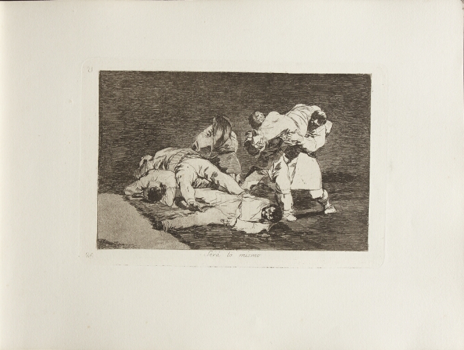 A black and white print of two figures carrying a lifeless body by a distressed figure covering their face with their hands and crouching next to lifeless figures lying on top of each other