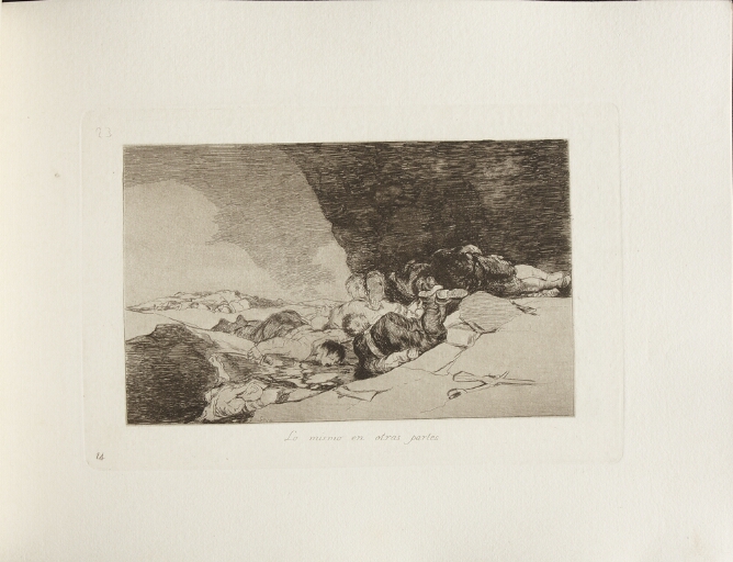 A black and white print of lifeless bodies in a ditch
