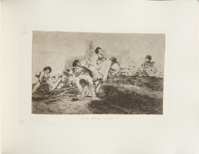 A black and white print of men carrying away lifeless bodies