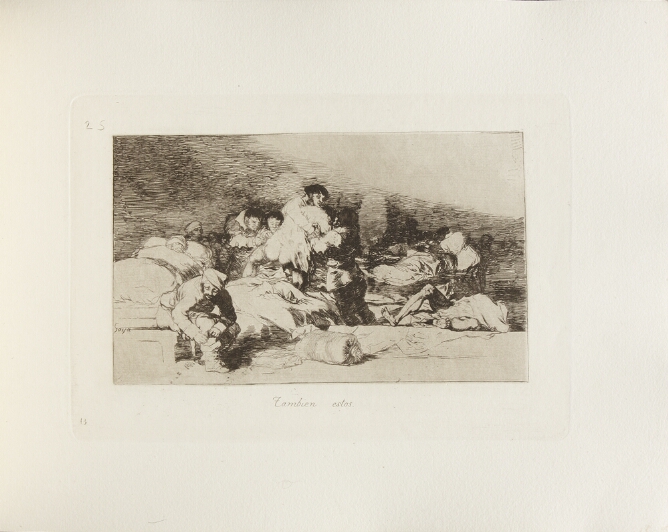 A black and white print of two men removing a figure from bed, revealing buttocks, with other figures lying in bed and on the ground. In the foreground, a seated man bends over his boot