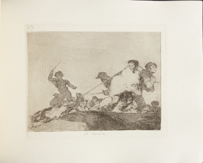 A black and white print of men dragging a figure on the ground by a rope tied around the figure's feet