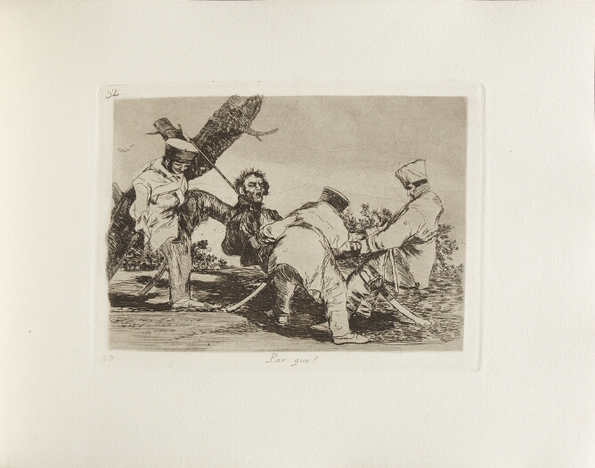 A black and white print of two soldiers pulling a man's body whose neck is tied to a tree stump, while another soldier kicks the back of the man's neck