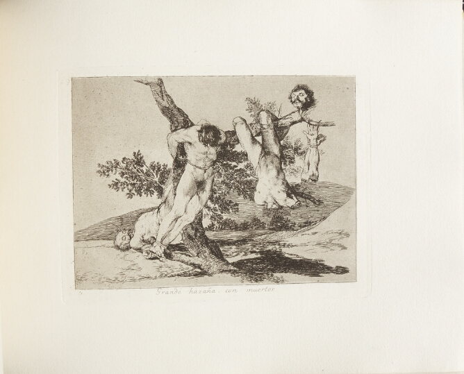 A black and white print of a disturbing scene featuring three lifeless bodies bound to a tree
