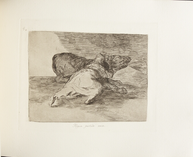 A black and white print of a figure seen from the back, thrusting forward and grabbing the neck of a large dog-like animal