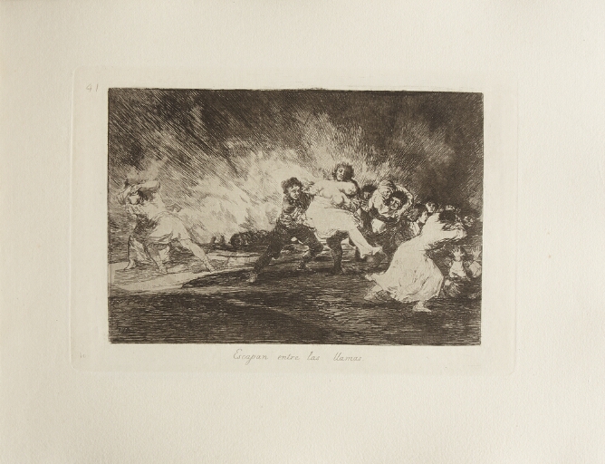 A black and white print of men carrying women away from a fire as others flee