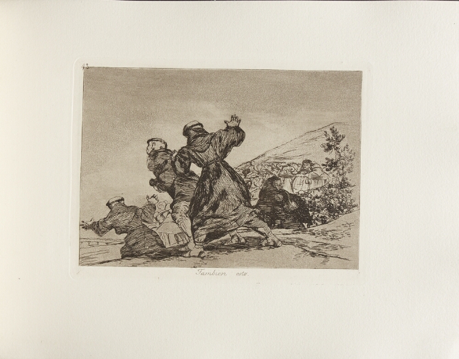 A black and white print of three robed figures seen from the back, running away, with a crowd gathered on a hillside