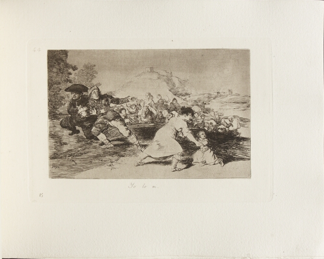 A black and white print of a group of figures fleeing in an outdoor setting, with a woman and two children in the foreground