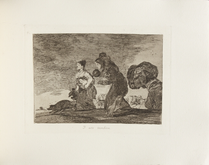 A black and white print of two women carrying children walking towards the viewer's left. Other figures follow behind them in the distance below