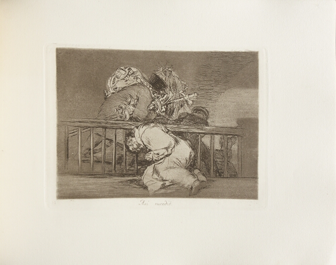 A black and white print of a robed figure slumped against a rail as figures behind carry away a sack of religious objects