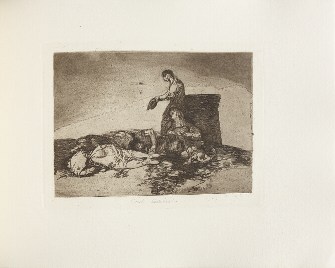 A black and white print of a standing man holding out his upturned hat beside a sitting woman holding a child, as lifeless bodies lie on the ground around them