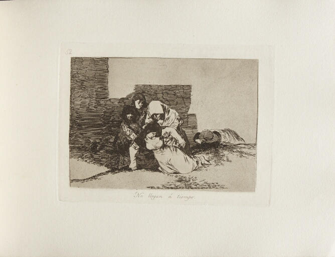 A black and white print of a woman's lifeless body being held up by three other woman, while another figure lies face down on the ground behind them